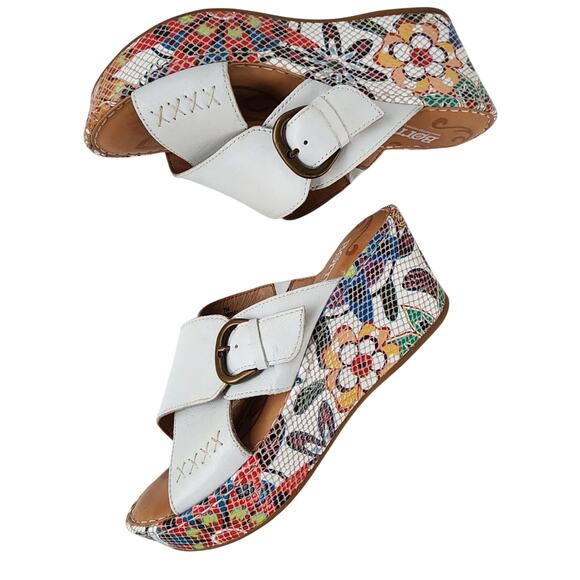 Born Shoes - Born Curstyn White Leather Floral Wedge Sandals 7M Comfort Hippie Summergirl